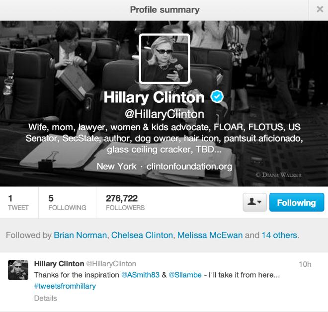 Screenshot of Hillary Clinton's Twitter profile page on the day it went live, 6/10/13.